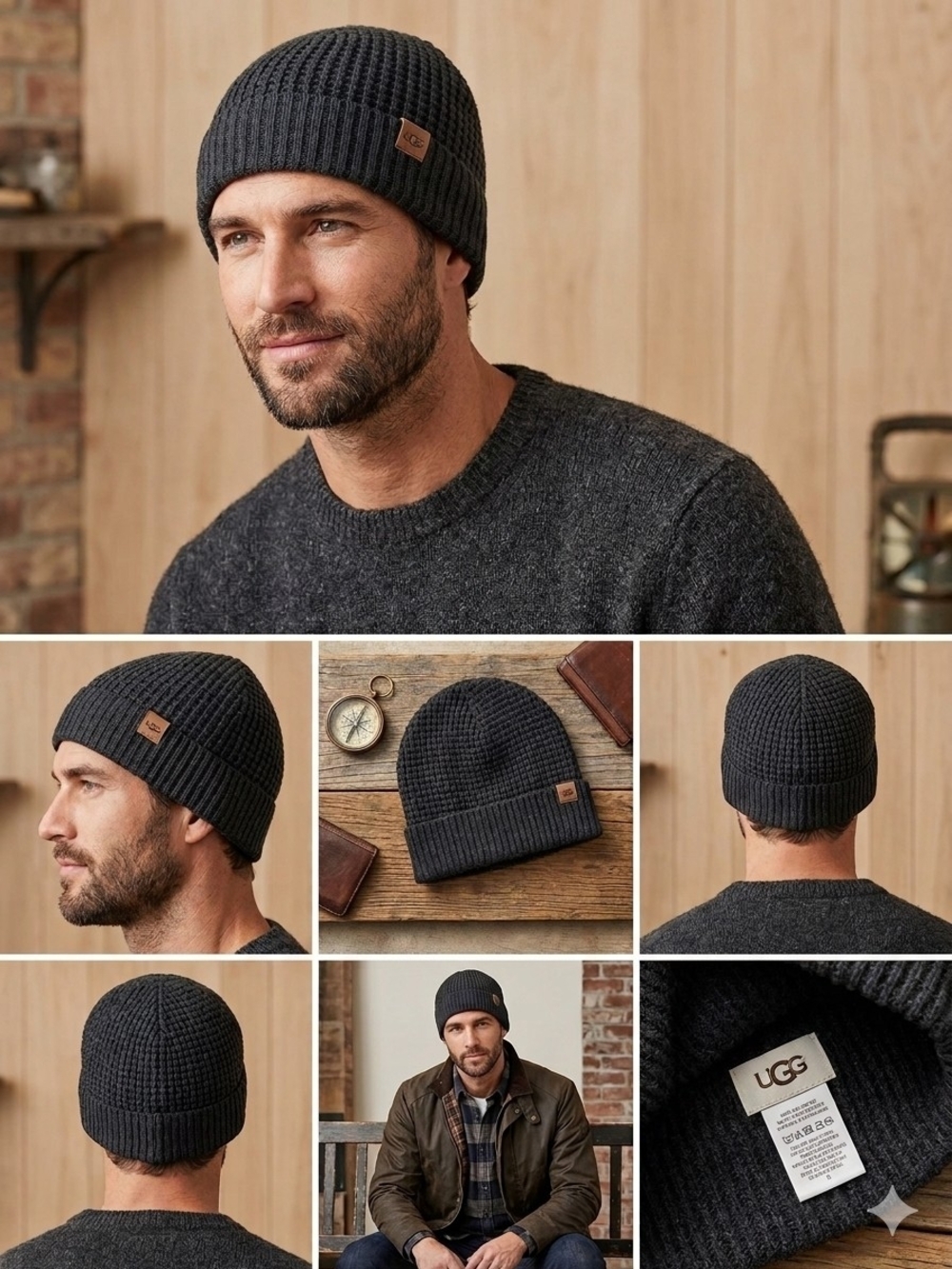 UGG Mens Cuffed Waffle Knit Beanie Hat Black Unlined Leather Logo Tag